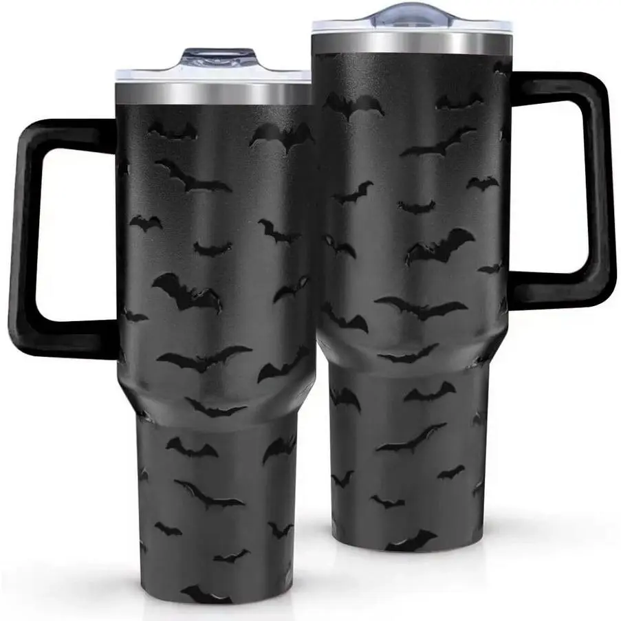 40oz Double-Layer Stainless Steel Insulated Tumbler - 5D Bat Print, Handle, Straw, Lid, Black Portable Coffee Mug, Halloween Unique Gifts for Man, Colleagues