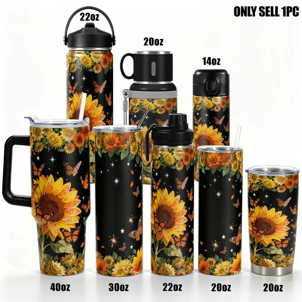 1pc Stainless Steel Cup 40oz/30oz Drinkware Tumbler, Travel Mugs Insulated For Hot And Cold, Double Wall Insulated, Vacuum Insulated Water Bottle, Design Sunflower Double-layer insulation, Leakproof Capacity, Gym, Hiking, Travel, Drinkware Vacuum Flask