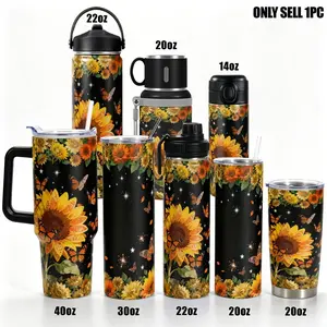 1pc Stainless Steel Cup 40oz/30oz Drinkware Tumbler, Travel Mugs Insulated For Hot And Cold, Vacuum Insulated Water Bottle, Design Sunflower Double-layer insulation, Leakproof Capacity, Gym, Hiking, Travel