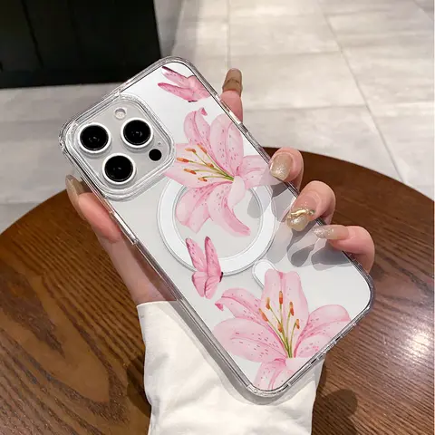 Magnetic Soft Transparent MagSafe-Compatible Phone Cover for iPhone 11/12/13/14/15/16 Pro Max, Aesthetic Butterfly Lily Pattern, Shockproof Resistance Mobile Device Accessories