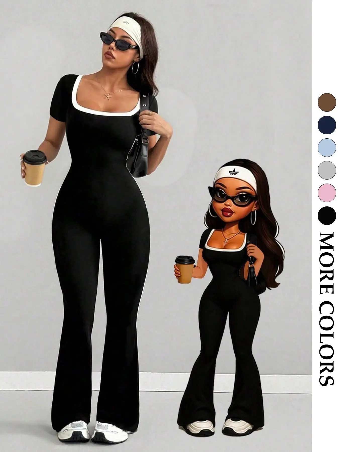 Women's Slim-Fit Square Neck Flare-Leg Jumpsuit, Backless Contrast Binding Short Sleeve Jumpsuit, All-Season Sportswear