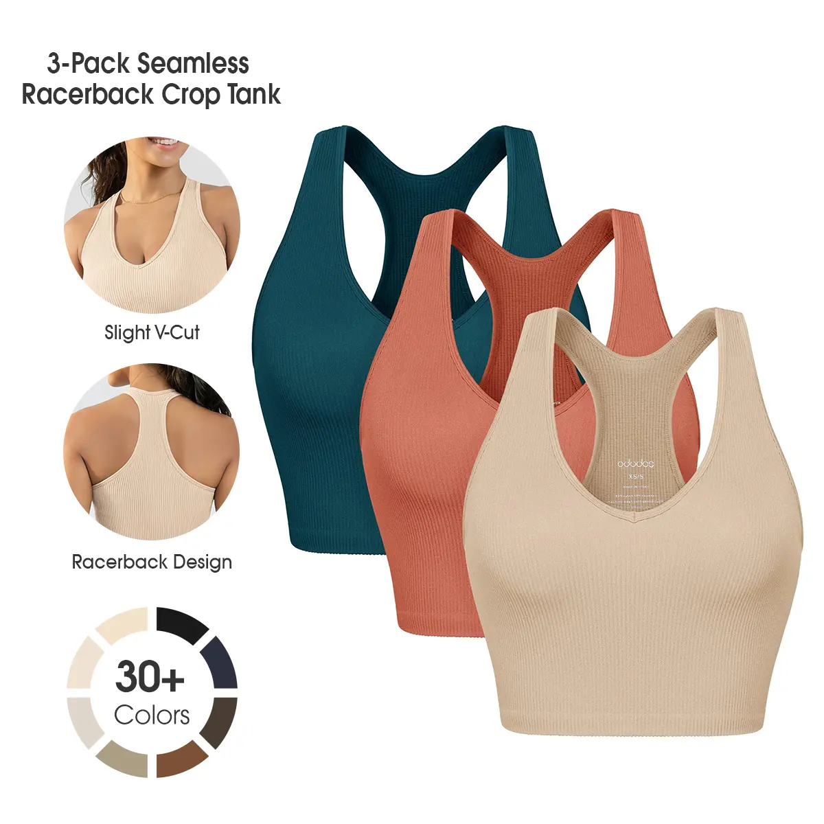 ODODOS 3-Pack Seamless Racerback Crop Tank for Women Ribbed Knit Soft Crop Tops,No Padding, Chic, Minimalist, Fabric, Sleeveless, Knitting, Comfortable, Twist, Workout, Fit, Casual, Lightweight