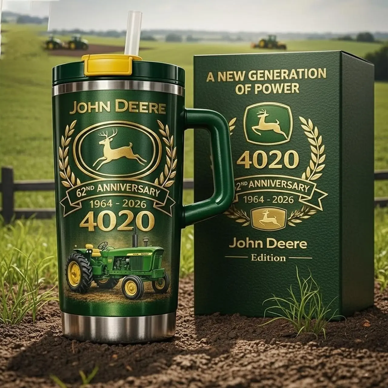 John Deere 4020 Farm Tractor Tumbler 40oz, Custom Farm Tractor Cup With Handle, 190th Anniversary Tumbler, Farmer Gift, Built for Future Cup