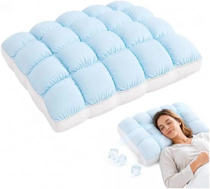 Queen Size Cooling Sleep Support Pillow, Fluffy Down-Alternative Pillows for Sleeping, Breathable Ice Silk Fabric, Soft Quilted Plush, Machine Washable for Side & Back Sleepers