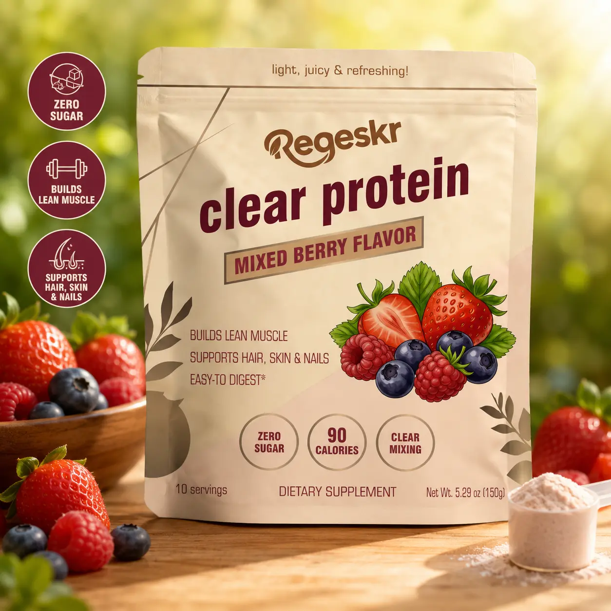 Regeskr Clear Protein Mixed Berry Healthcare Drink - 15g Protein, Collagen Peptides, 0 Sugar, 90 Calories, Lean Muscle & Hair/Skin/Nails Support, Easy to Digest, Clear & Refreshing (10 Servings), Camping Essentials