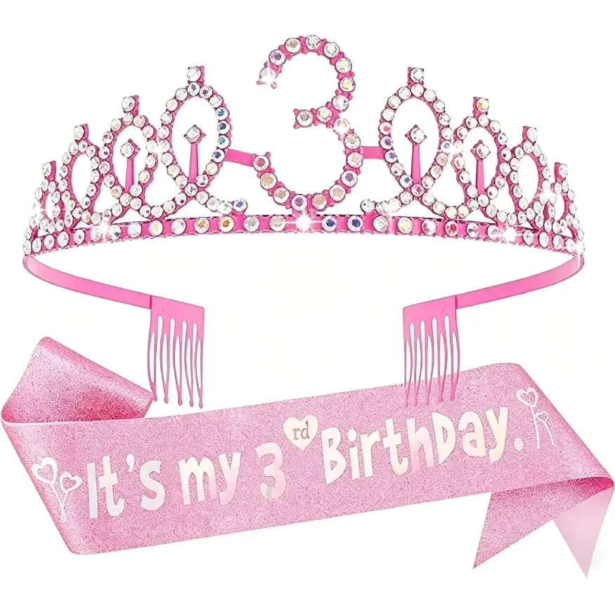 It's My 3rd Birthday Pink Glitter Sash with Rhinestone Crown for Kids Party Supplies