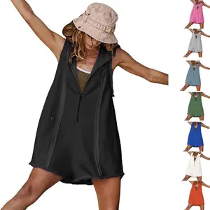 Women's short half zipper sports jumpsuit, suitable for fitness, outdoor leisure, sleeveless loose hoodieRAIMENTRY