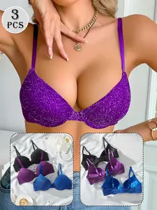 3 Pack Women's Glitter Push Up Bra Shimmer Fabric Adjustable Straps Sexy Everyday & Party Wear T-Shirt Bra