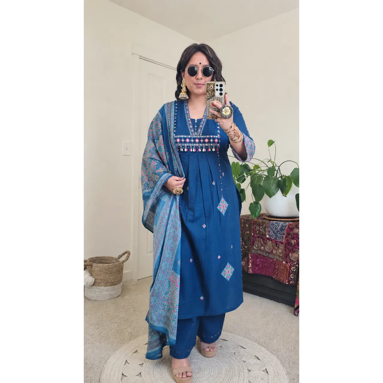Kurta Set for Women, 3-Piece Traditional Printed Soft Cotton with Matching Pants and Dupatta, A-line Fit, Casual Leela Style, Lady