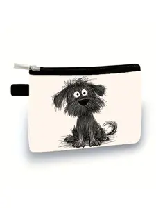 Hand-Drawn Puppy Print Zipper Coin Purse, Cute Pet Style Storage Bag, Ideal for Coins, Cards, Keys, Perfect Gift for Dog Lovers