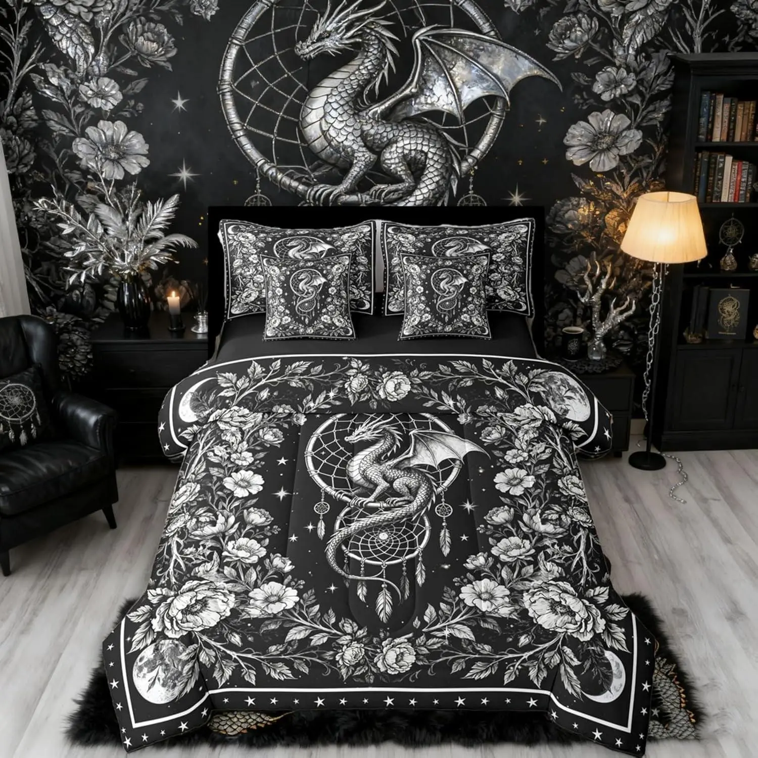 Gothic Comforter Set,7-Piece Bed in a Bag | Dreamcatcher Dragon Bedding Set,Antique Animals Dream Catchers Comforter and Sheet Set,Galaxy Vintage Floral Room Decor Black Goth Decor, Bed Sheet Set, Bundle Bedding Sets Collections