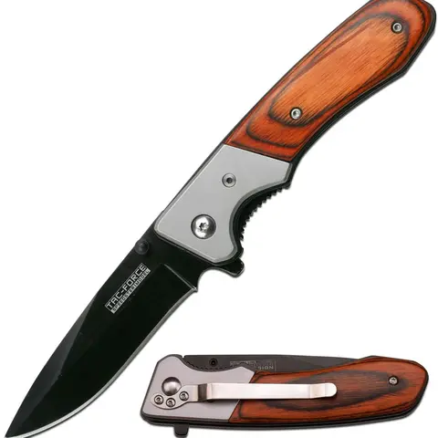 Tac-Force Unisex Compact Size EDC Folding Blade Pocket Knife - EDC Gear, Everyday Carry Hunting Tool, Camping Gear, Brown Wood Handle, Grey TiNite-Coated Stainless Steel Bolster, Pocket Clip, Finger Flipper, Carving Function