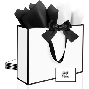 3 Pack Elegant Large  Bags with Handles, 12.6x10x4 Inches - Set Includes Tissue Paper & Cards for Birthday,  Shower, Wedding, Anniversary, Christmas & Holiday Gifts (3Pcs White with Black Rim)