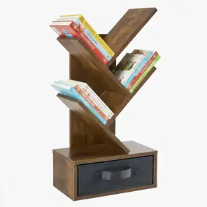 Geometric Tree Silhouette Bookcase with Drawer, Rustic Brown Finish – 4/7/9 Tier Corner Bookshelf with Angled Shelves, Space-Saving Storage for Living Room, Bedroom, Home Office, Apartment