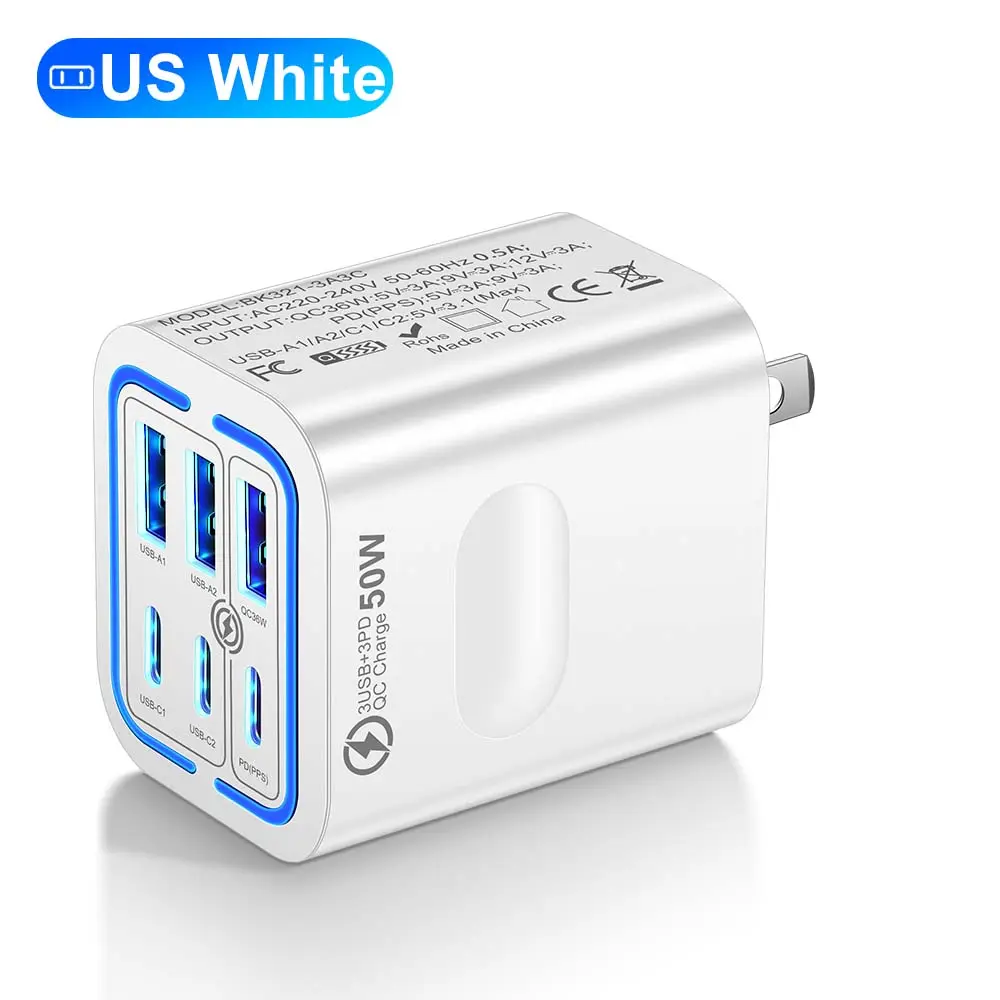 KAXOE Portable Multi Port Charging Station 50W, 6-Port USB C & USB A,Adapter Cube Plug for iPhone 16 15 14 13 Pro Max Plus, for iPad for Samsung