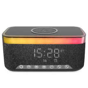 Bluetooth Speaker with Alarm Clock, 15W Fast Wireless Charging, 13-Color Night Light, 1200mAh Battery, 10W Stereo Sound, Sleep Timer & White Noise, USB/AUX, Perfect Gift for Bedroom or Office