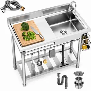 47.3" Freestanding Stainless Steel Utility Sink with Hot & Cold Water Pipes, Commercial Single Bowl Prep Sink, 8" Deep Laundry Tub with 360° Rotating Faucet for Restaurant, Kitchen, Garage, Patio & Outdoor Use