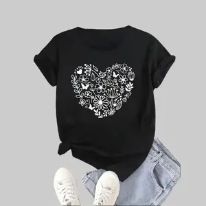 Women's casual sports T-shirt, with heart-shaped print, short-sleeved round neck, comfortable top, 2026 new model, 100% pure cotton, suitable for all seasons, versatile everyday casual women's clothing, black outfit, soft T-shirt, street style