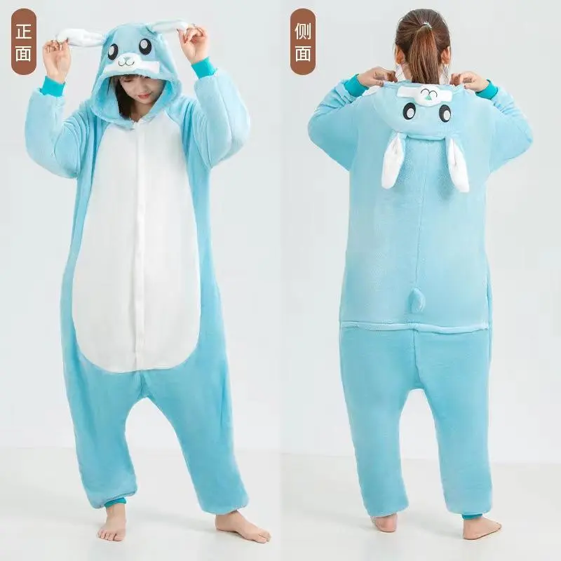 Women Rabbit Pajamas with 3D Ears and Tail Hooded Fleece Jumpsuit Cartoon Bunny Cosplay Animal Costume