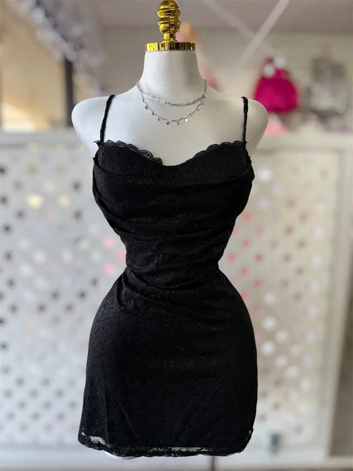 Evelyn Black Glitter  Lace Mini Dress