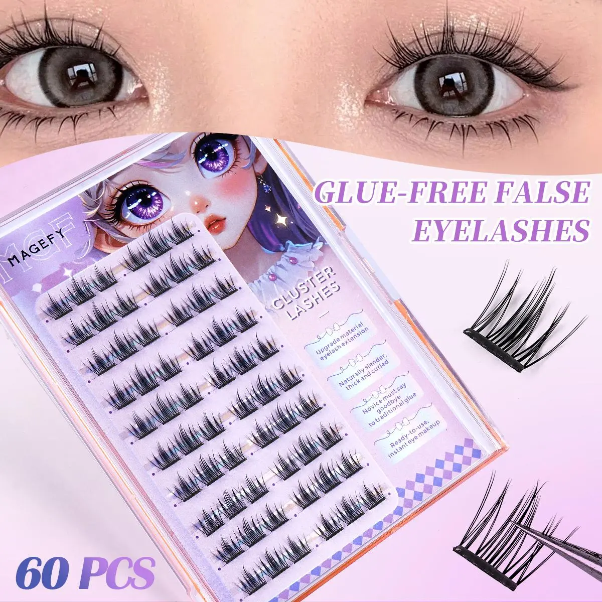 MAGEFY 60 Cluster Curl C, 7mm Individual Voluminous False Eyelashes No Glue Required, DIY Create Volume Eyelashes, Manga Lashes, Waterproof, Sweatproof, Easy to Operate, Reusable, Beginner Friendly Eyelashes