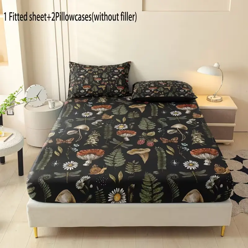 3pcs Polyester Mushroom Forest Print Bedding Set, Decorative Bedsheet Sets, Boho Bed Set, Soft Comfortable Fitted Sheet and Pillowcases, Ideal for Bedroom and Guest Room, Comfy Bedding Set, Gift for Family and Friends