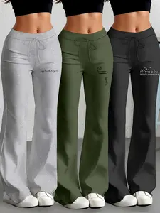 Three-Piece Set Milk Silk Yoga Pants, Athleisure Style Bottoms, European & American Style Wide-Leg Straight-Cut, Drawstring Waist, Casual Fashion Long Pants