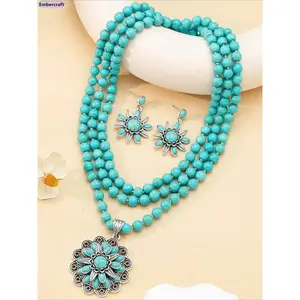 Vintage Turquoise Jewelry Set, Boho Western Necklace & Earrings for Women, Trendy Coastal Cowgirl Accessories for Festival, Vacation & Y2K Aesthetic Outfits
