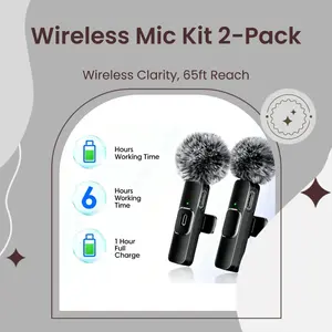 2-Pack Rechargeable Omnidirectional Wireless Lavalier Microphone for iPhone, Android Mobile Phones - Noise Cancellation Mic with Receiver, Charging Plug, 65ft Recording Range