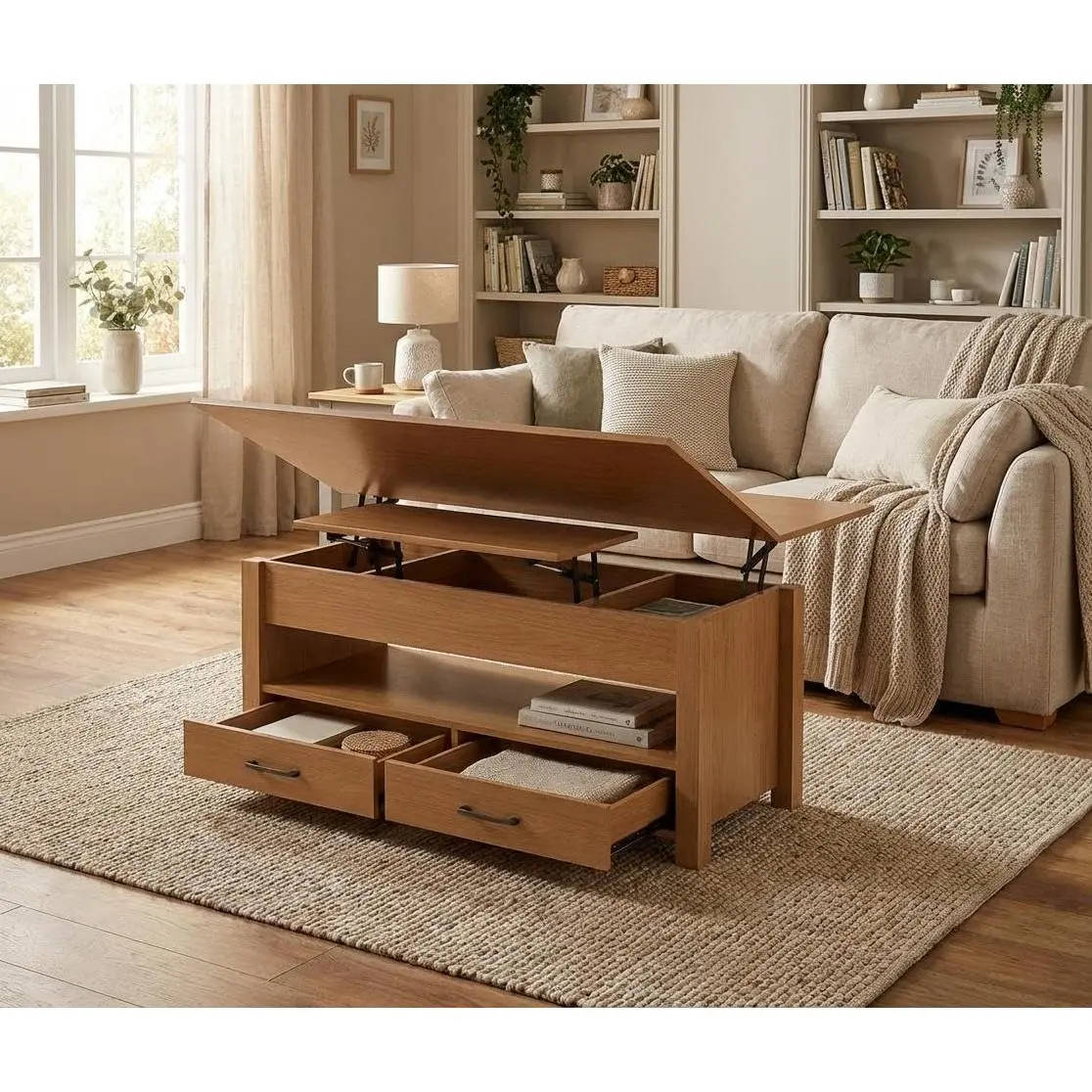 Garvee Walnut Lift-Top Coffee Table,40 Inch Convertible Dining Table,4-in-1 Height Adjustable Top with 2 Drawers,Hidden Storage Compartments and Open Shelf,Engineered Wood,Converts to Dining Table for Living