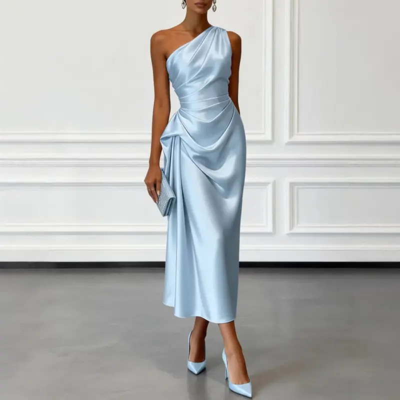Women's One-Shoulder Slim-Fit Dress with Pleated Waist Design, Elegant Figure-Flattering Silhouette, Long Formal Gown Womenswear, evening elegance, stunning presence, graceful flow, romantic detail