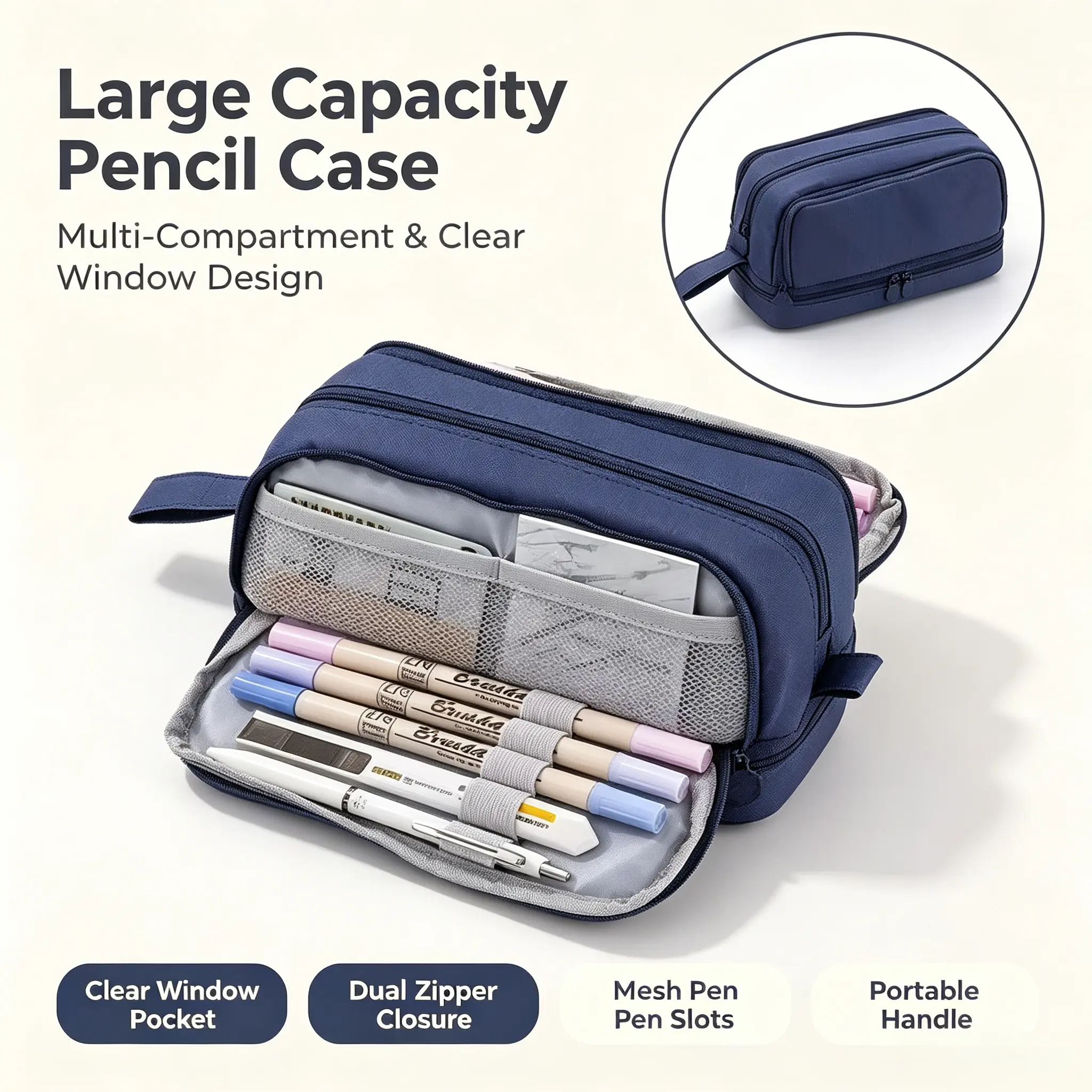 Student Macaron Color Double-Zipper Double-Opening Pencil Bag - Thickened Wear-Resistant Scratch-Resistant Fabric, Multi-Functional Large-Capacity Stationery Pouch with Front Small Compartment for All Student Ages, School Use, Daily Study