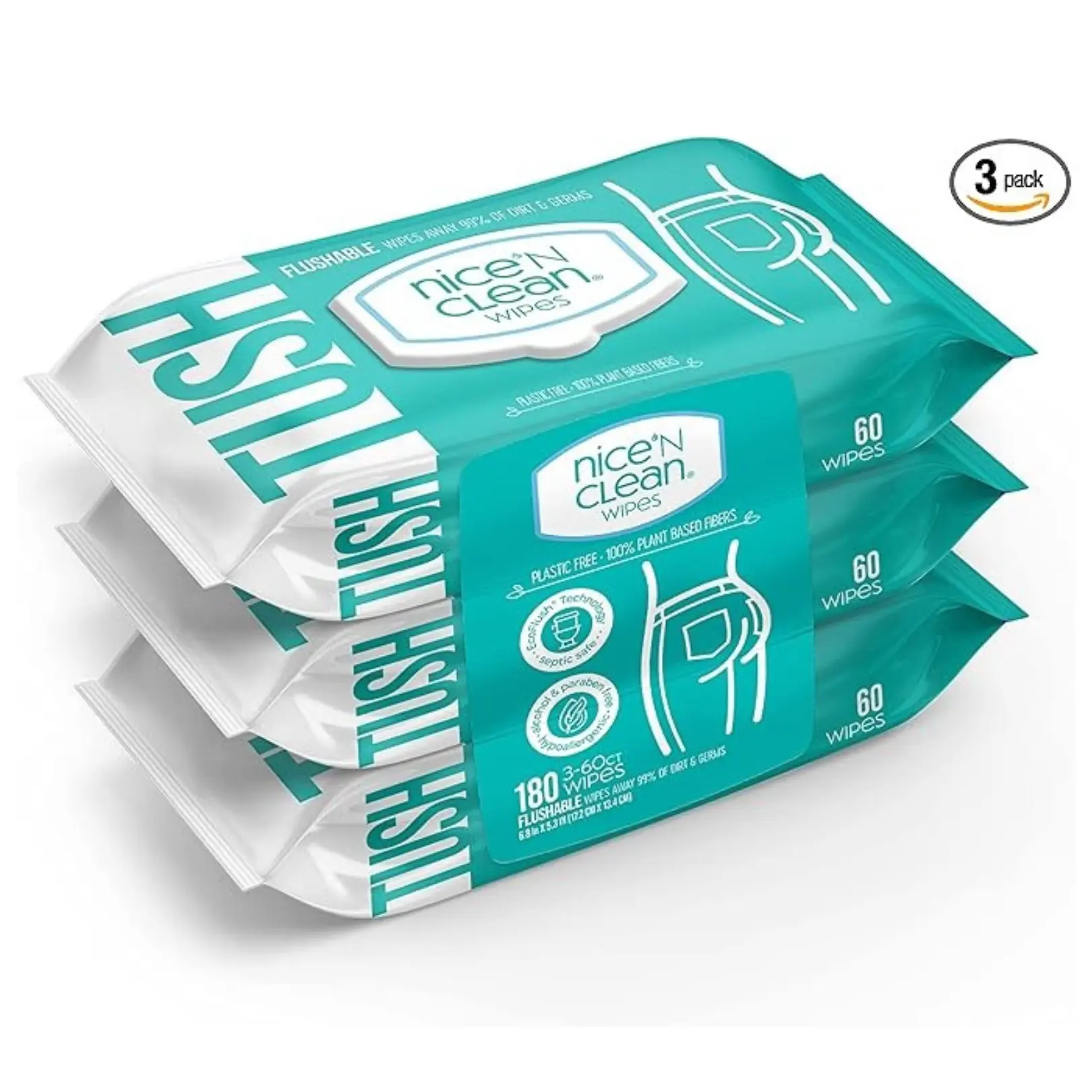 Nice 'N Clean Adult Flushable Wipes (3 x 60 Count) | Personal Cleansing Wipes Made from Plant-Based Fibers | Infused with Aloe & Vitamin E