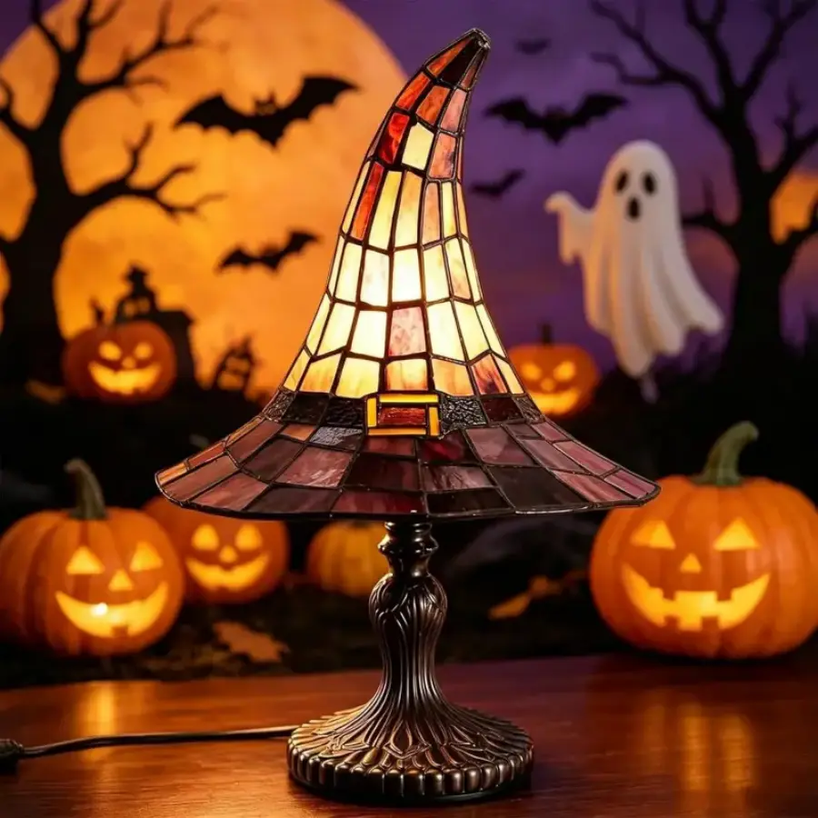 Iridescent Color Shifting Witch Hat Night Light, Handmade Vintage Resin USB Powered Gothic Wizard Hat Lamp, Halloween Indoor Decorative Table Lamp for Bedroom, Bookshelf, Desktop, Spooky Holiday & Party Decoration Supplies