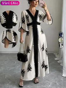 Women's Floral Print V Neck Dress, Casual Elegant Long Sleeve Dress for Daily Outdoor Wear, Women Dress for Spring Fall Dresses, Casual Boho Bohemian Dress