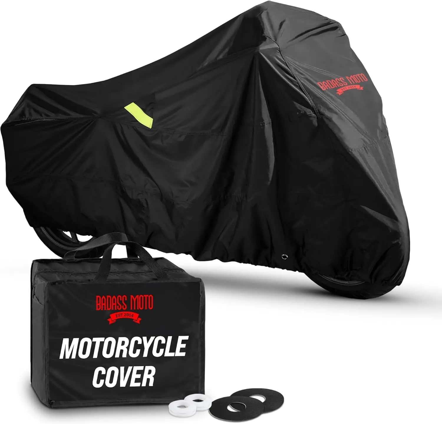 Badass Moto Gear All Wx Motorcycle Cover - Night Reflective Safety Stripes - Waterproof - Heat Shields - Windshield Liner - Vents - Motorcycle Lock Pocket - Fits Large Cruisers & Touring Bikes, XL, Large, Medium, Small