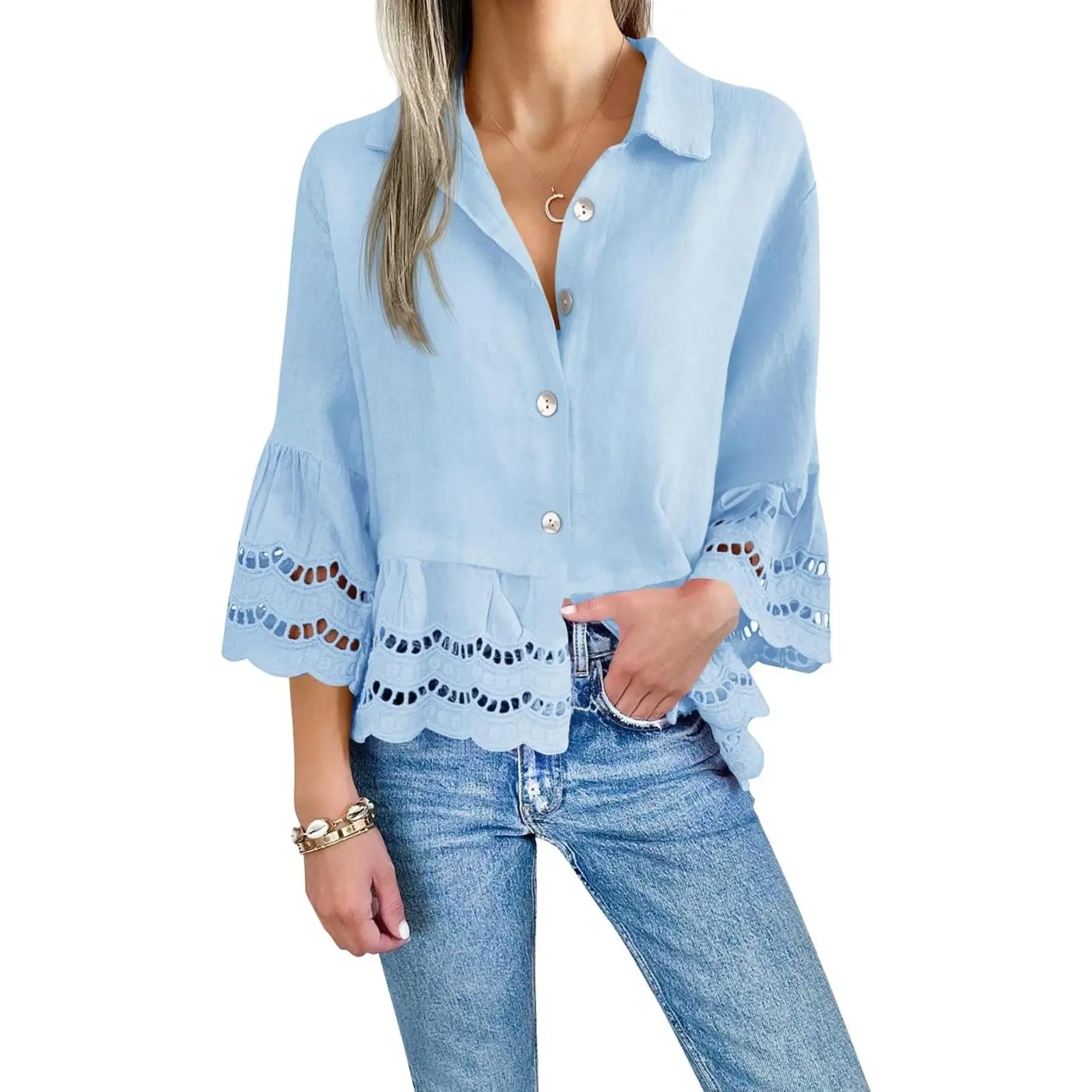 Cicy Bell Women's 3/4 Bell Sleeve Button-Down Polyamide Eyelet Blouse - Comfy Casual Ruffle Hem Top, Gift for Mom