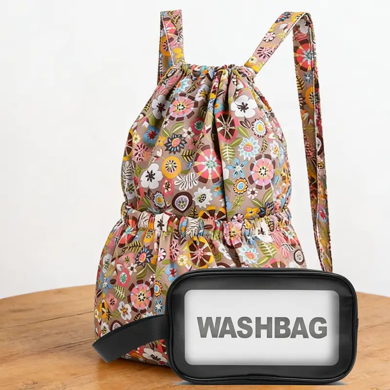 Unisex Casual Flower Print 2-Piece Functional Gym Bags Set - Drawstring Backpack, Lightweight Foldable Carryall, Portable Toiletry Makeup Case with Random Free Accessory, Ideal for Travel, Gym