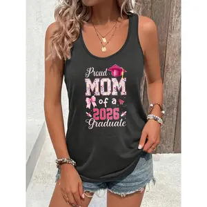 Women's Lady Lightweight Sleeveless Polyester-Rayon-Spandex Graduation Printed Tank Top, Round Neck Casual Vest for 2026 Graduates, Proud Mothers' Gift