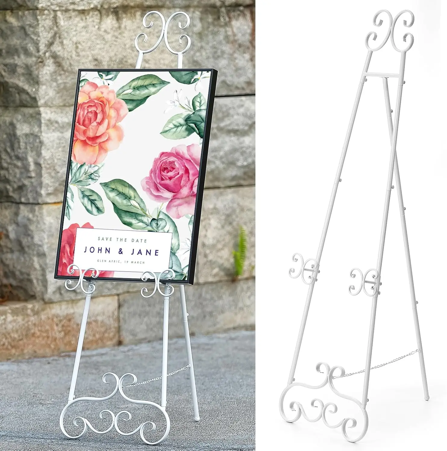 Metal Floor Standing Display Easel, 56" H White Decorative Scroll Easel Stand for Sign Wedding Picture Frame, with Chain Support