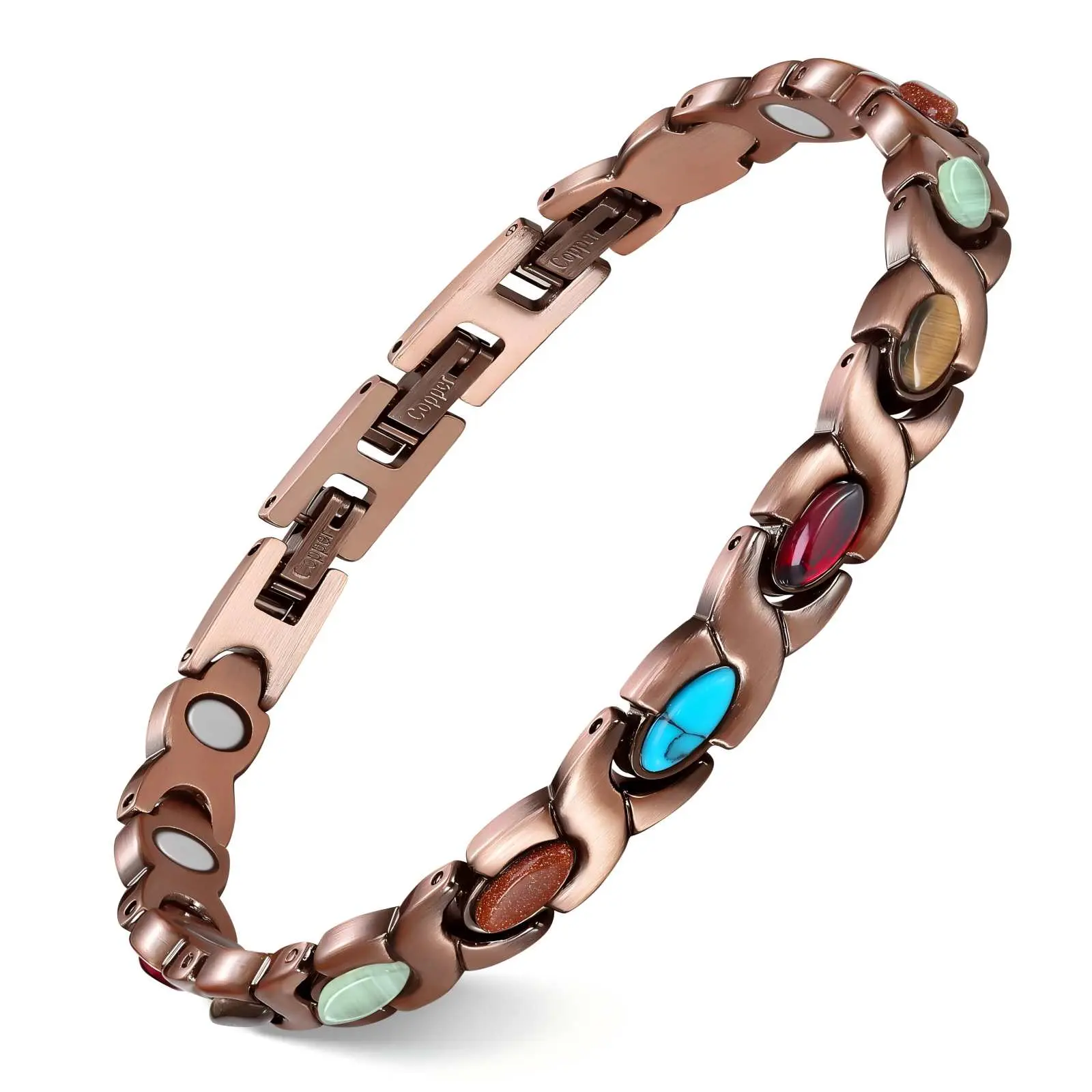 Female Adjustable Boho Copper Bracelet - Multicolored Gemstone Links Bangle, Vintage Costume Jewelry for Everyday Wear