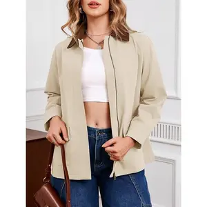 Tankaneo Womens Oversized Barn Jacket Zip Up Military Safari Jackets Fall Color Block Vintage Trench Coat with Pockets