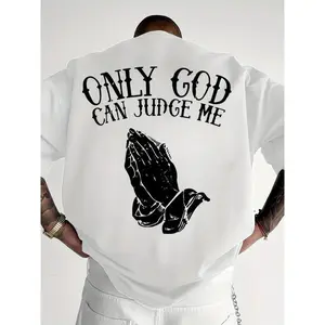 Men's "Only God Can Judge Me" Graphic T-Shirt - Casual Crew Neck, Loose Fit, Short Sleeve Top, Cotton Fabric, Beige with Praying Hands Design, Warmth-retentive & Lightweight