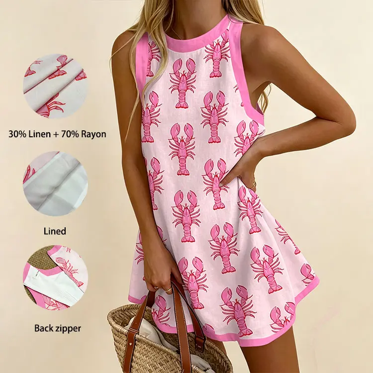 **Lobster Print** 30% linen / 70% rayon; pink sleeveless mini dress / A-line silhouette / back zipper; a casual mini dress perfect for vacations or parties.