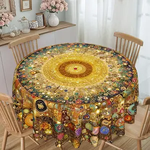 1pc Gorgeous & Mystical Gold Mandala-Print Round Tablecloth for Kitchen & Dining — 120g/m² Twill Polyester Material — Furniture Protective Cover, Party & Gathering Decor, and Tabletop Accent Piece — Suitable for Various Settings Including Hotels, Restaura