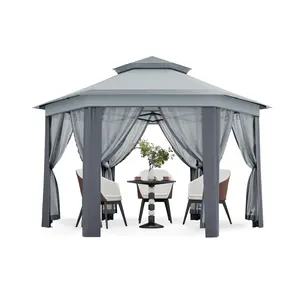 13x13 Ft Patio Gazebo, Heavy Duty Hexagonal Gazebo Canopy with Netting Sidewalls, Sturdy Steel Frame Double Roof Shelter Tent, Outdoor Pavilion for Backyard