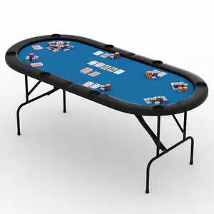 8 Oval Player Poker Table Foldable, 71" Folding Blackjack Texas Holdem Table, Portable Casino Leisure Card Board Game Table with Cup Holders for Game Room