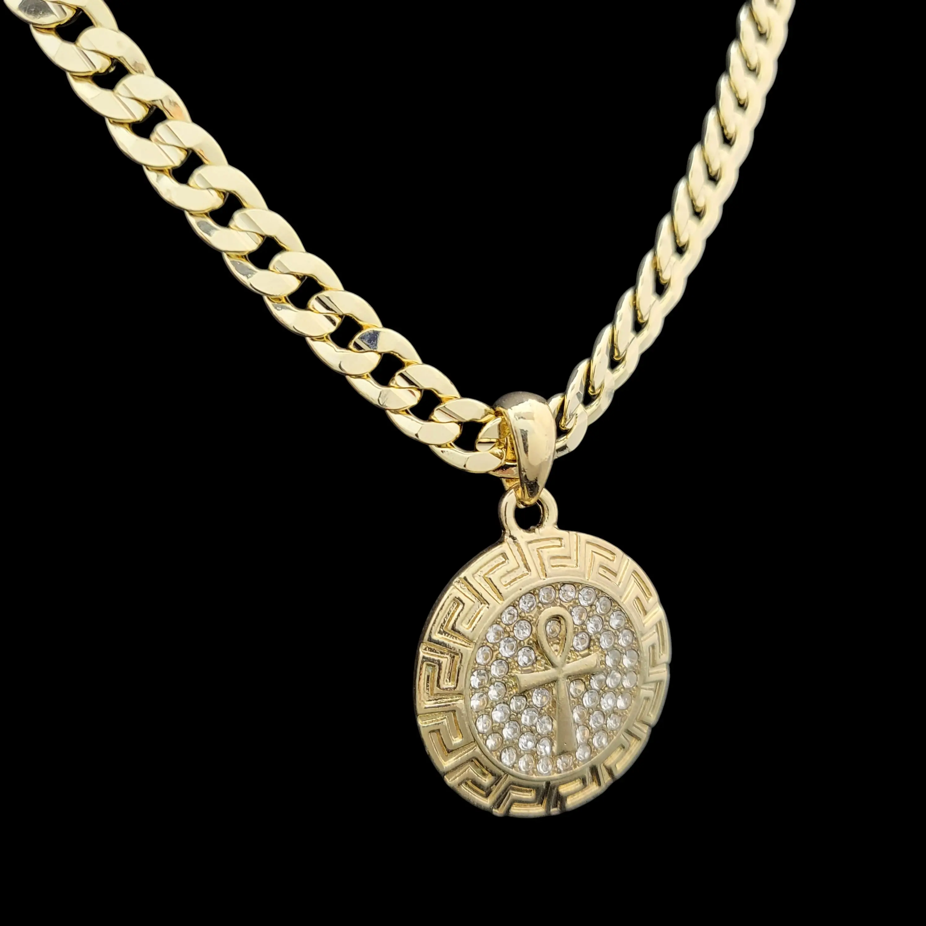 MaxBling81 Egyptian Ankh Cross Medal CZ Pendant with 14K Stamped 6mm Cuban Chain Necklace (20\", 24\" Options), Hip Hop Style Daily Wear Celebrity-Inspired Accessory