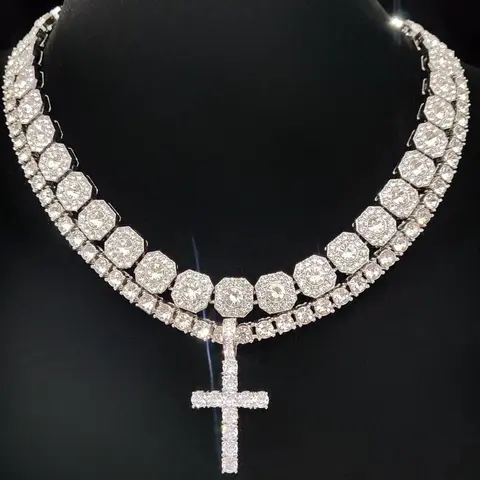 Artificial Zirconia Cross Pendant & Chain Necklace, Punk Jewelry for Party, Daily Decor for Boy, Trendy Exquisite Hip Hop Jewelry for Birthday Gift, Cuban Cross Necklace, Cross Chain Design, Cuban Link Necklace