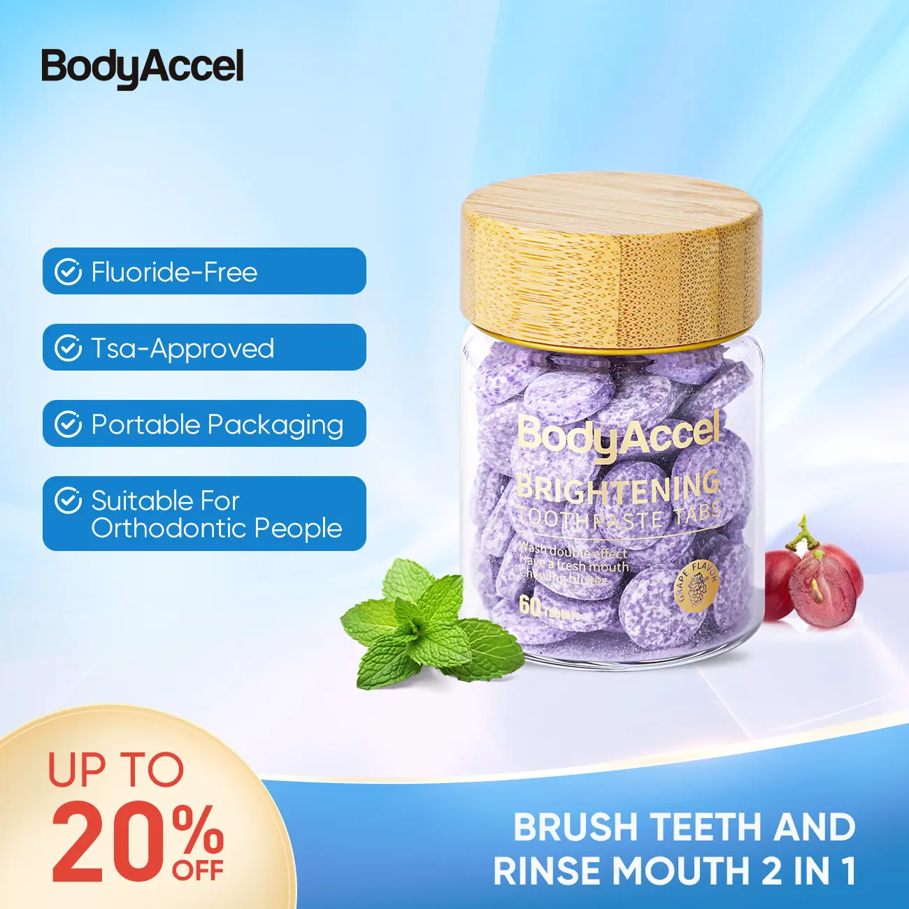 【BodyAccel】Toothpaste Tablets – Fresh, Travel-Ready Whitening Tablets with Fluoride Protection | Eco-Friendly Bite Toothpaste Tablets for Daily Oral Care